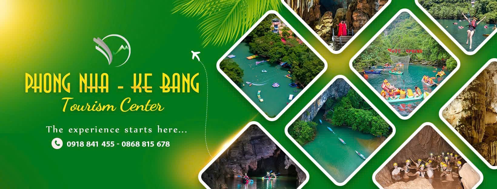 Banner quảng bá du lịch Phong Nha – Kẻ Bàng với hình ảnh các điểm tham quan và hoạt động du lịch