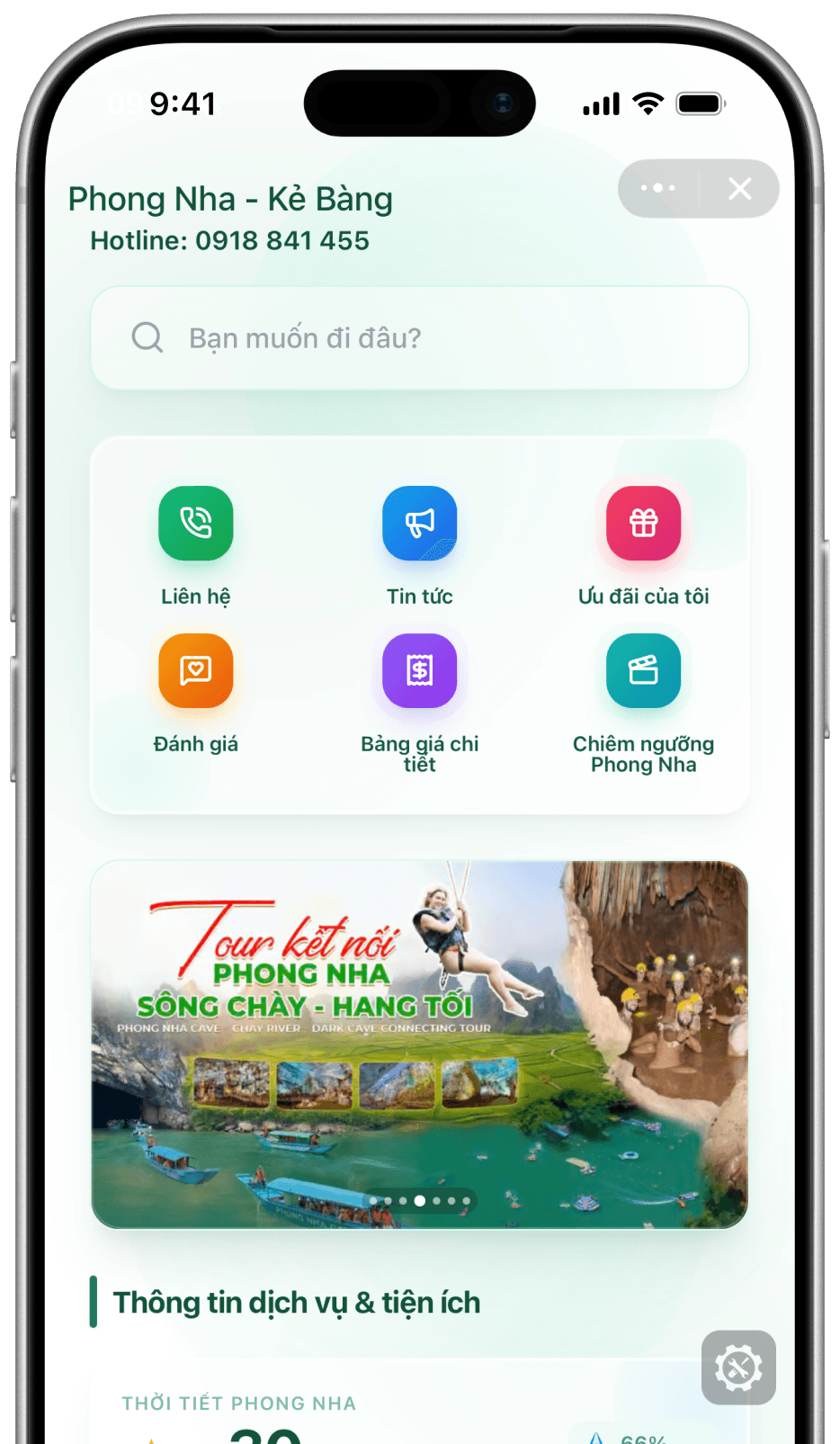 Giao diện tiện ích của ứng dụng Zalo Phong Nha - Kẻ Bàng