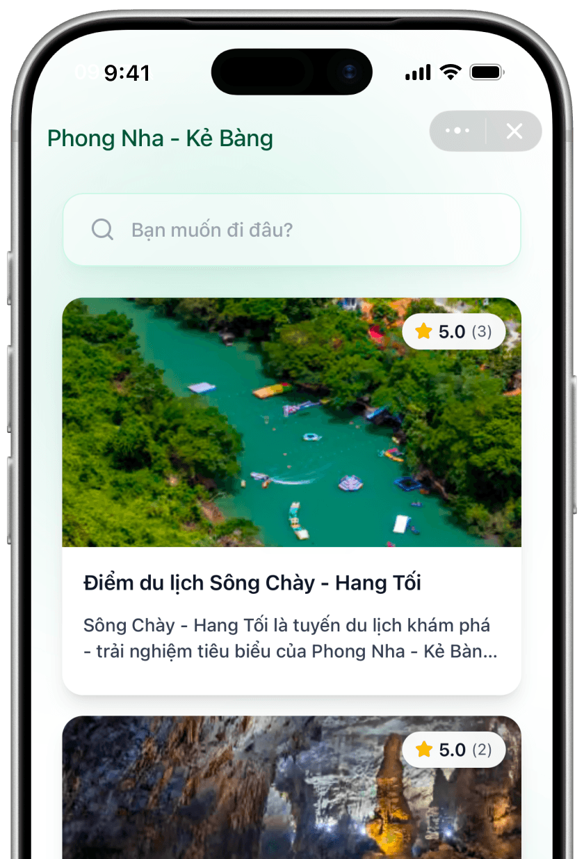 Giao diện danh sách điểm du lịch trên ứng dụng Zalo