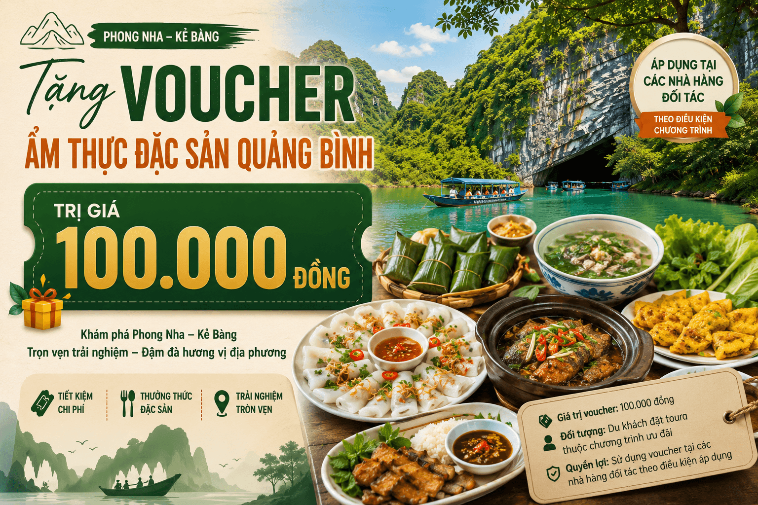 Tặng voucher ẩm thực đặc sản Quảng Bình trị giá 100.000 đồng